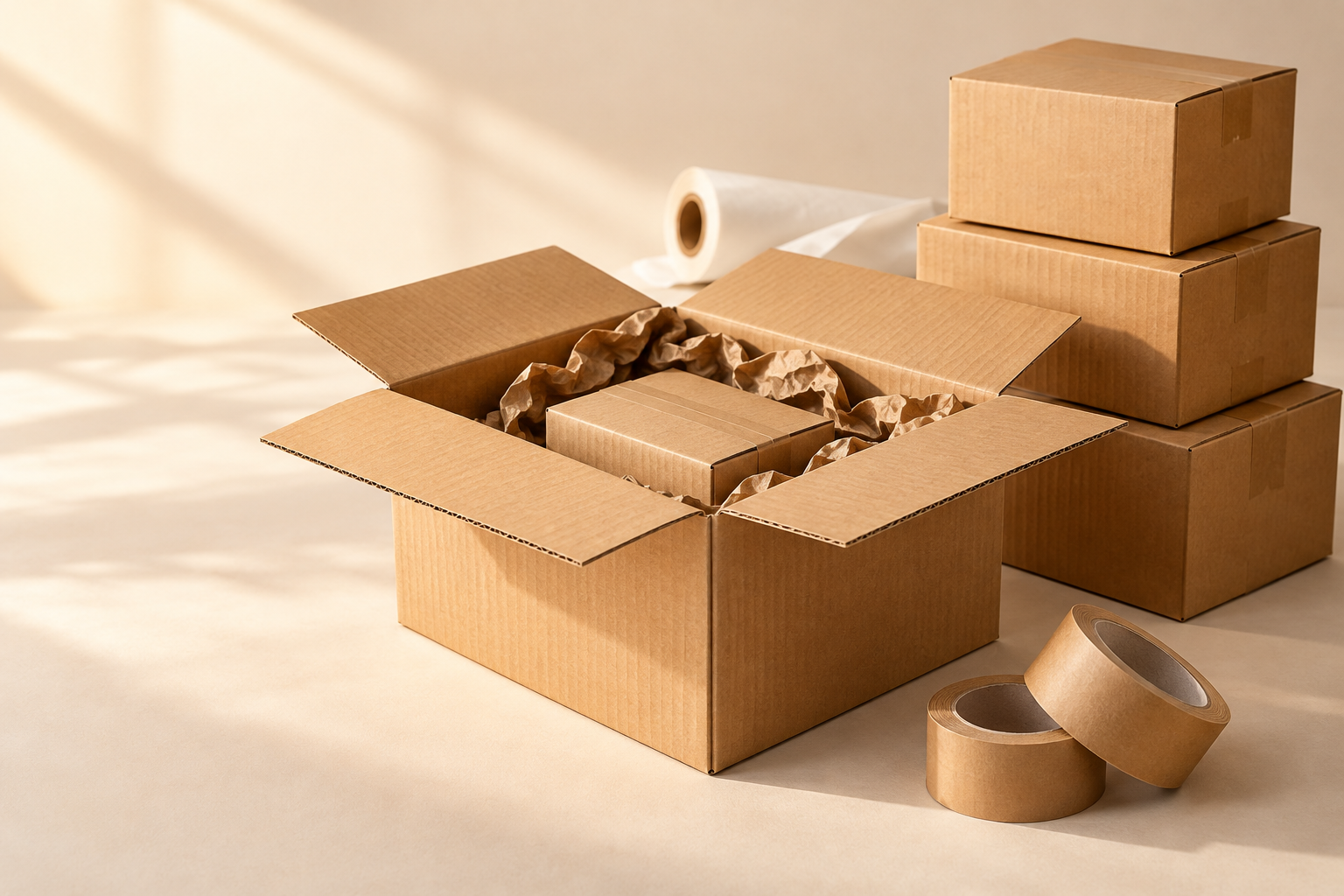 Kraft shipping boxes, packing paper and tape arranged on a warm studio backdrop